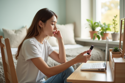 Jeune femme examine un rouge &agrave; l&egrave;vres dans une chambre lumineuse