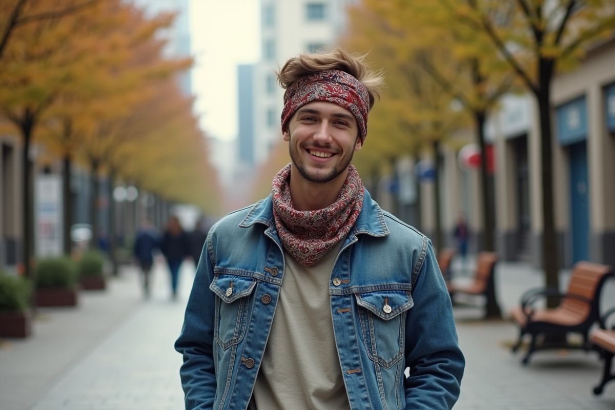 Jeune homme avec foulard vintage dans une place urbaine