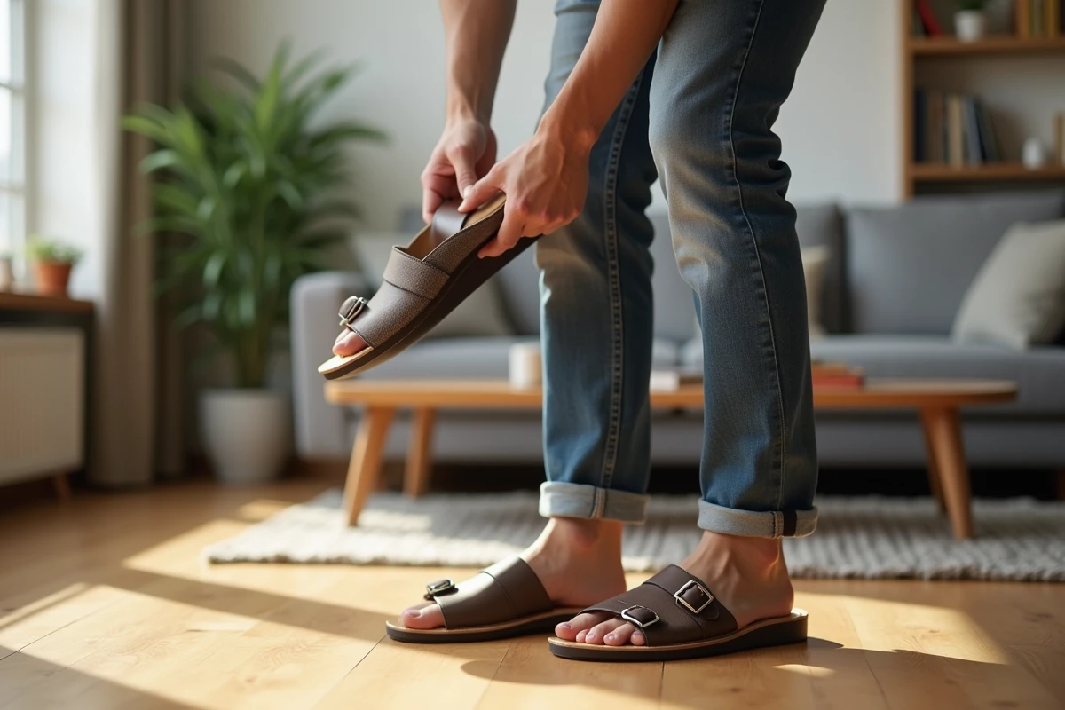 Jeune homme examine des sandales dans un salon lumineux