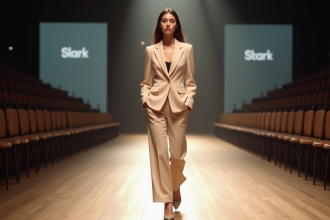 Jeune femme modèle en tailleur beige sur un podium de mode