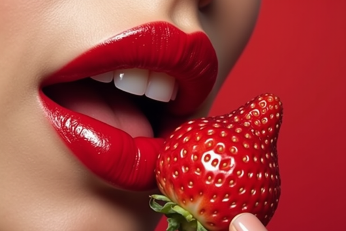 Lèvres avec rouge à lèvres rouge et fraise fraîche