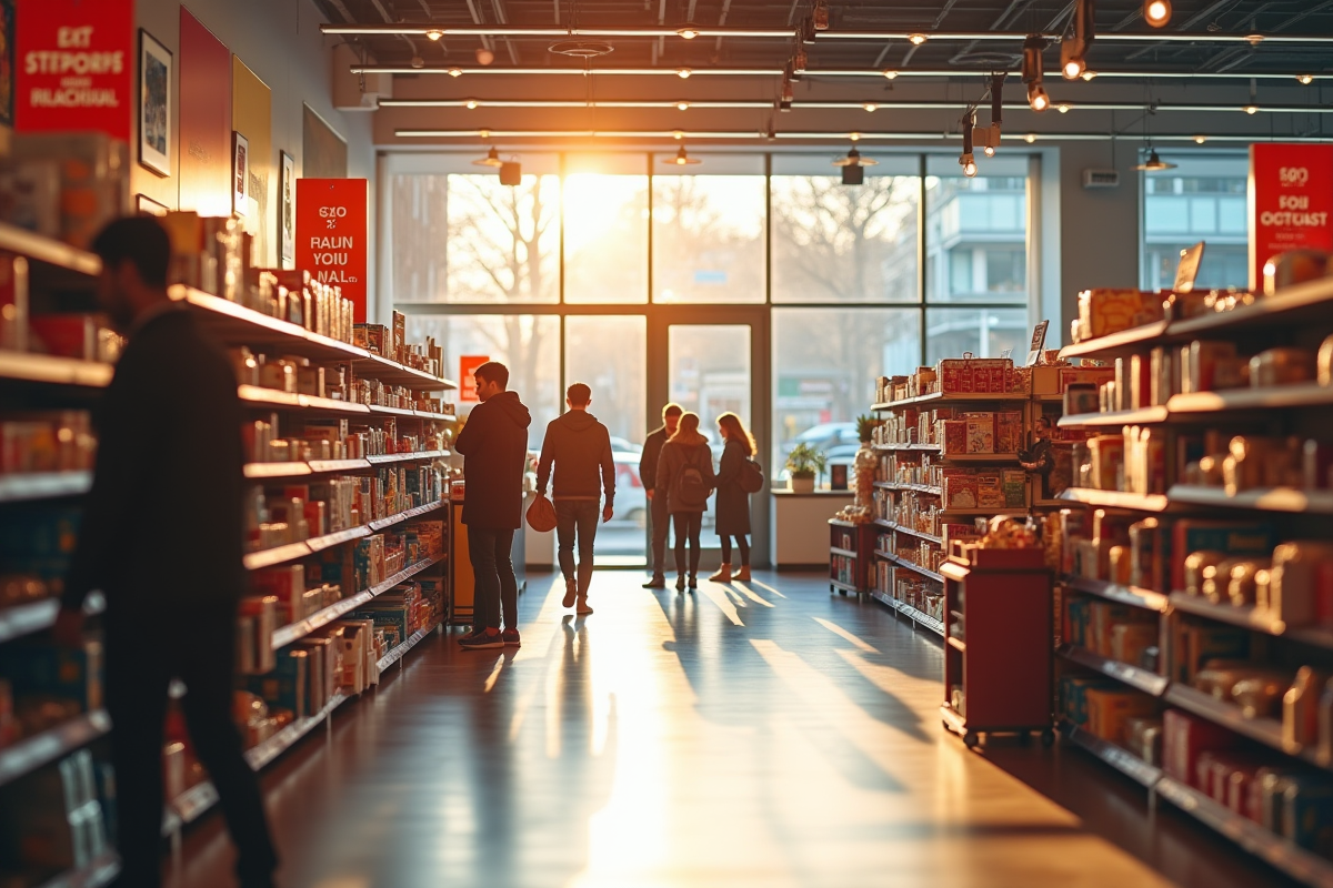 Magasin discount avec clients et affiches promotionnelles lumineuses