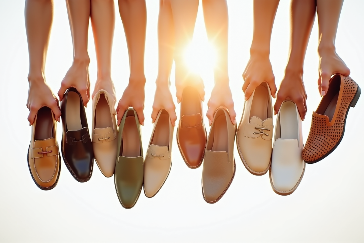 Mains tenant différentes chaussures durables en lumière naturelle