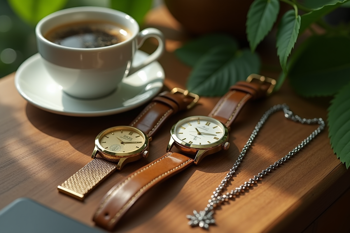 Montre en or et collier en argent sur une table en bois