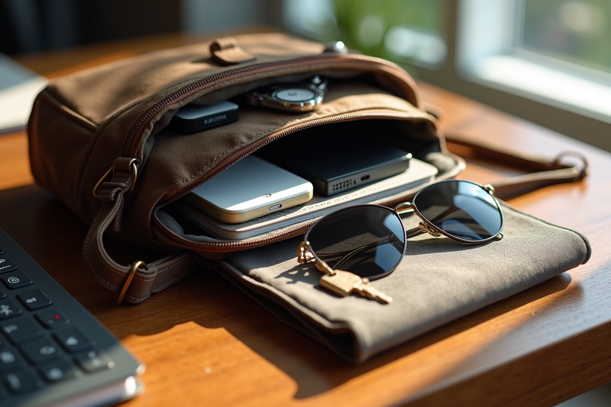 Sac organisé avec téléphone clés et lunettes sur bureau