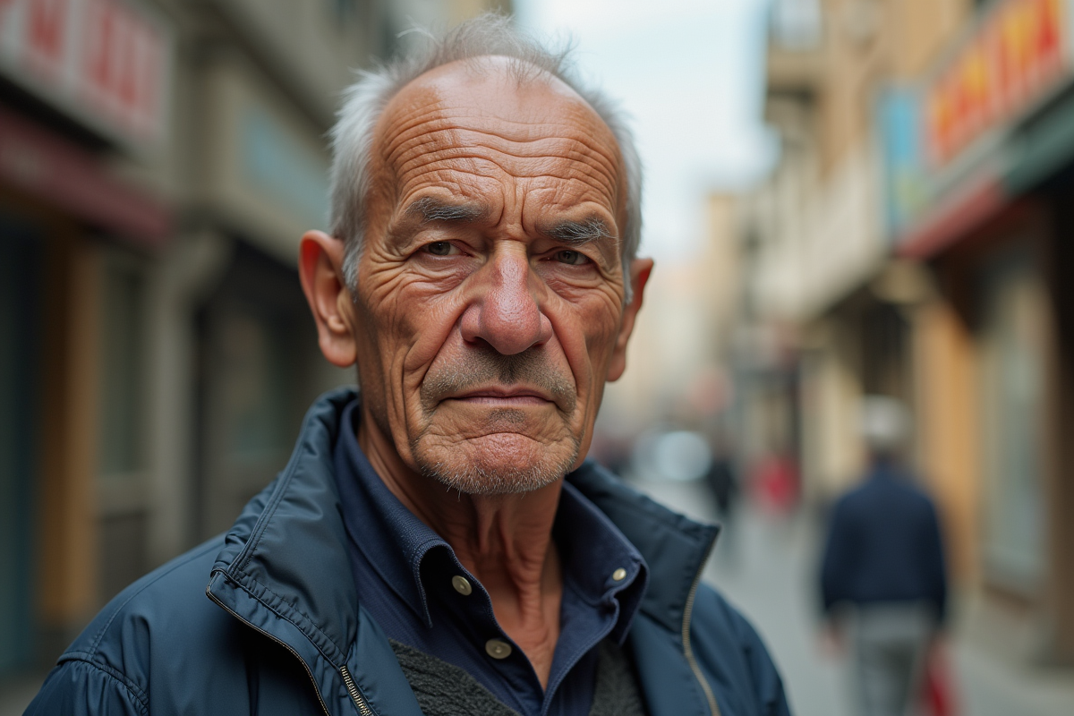 Personne âgée avec visage rectangulaire et traits marqués en extérieur