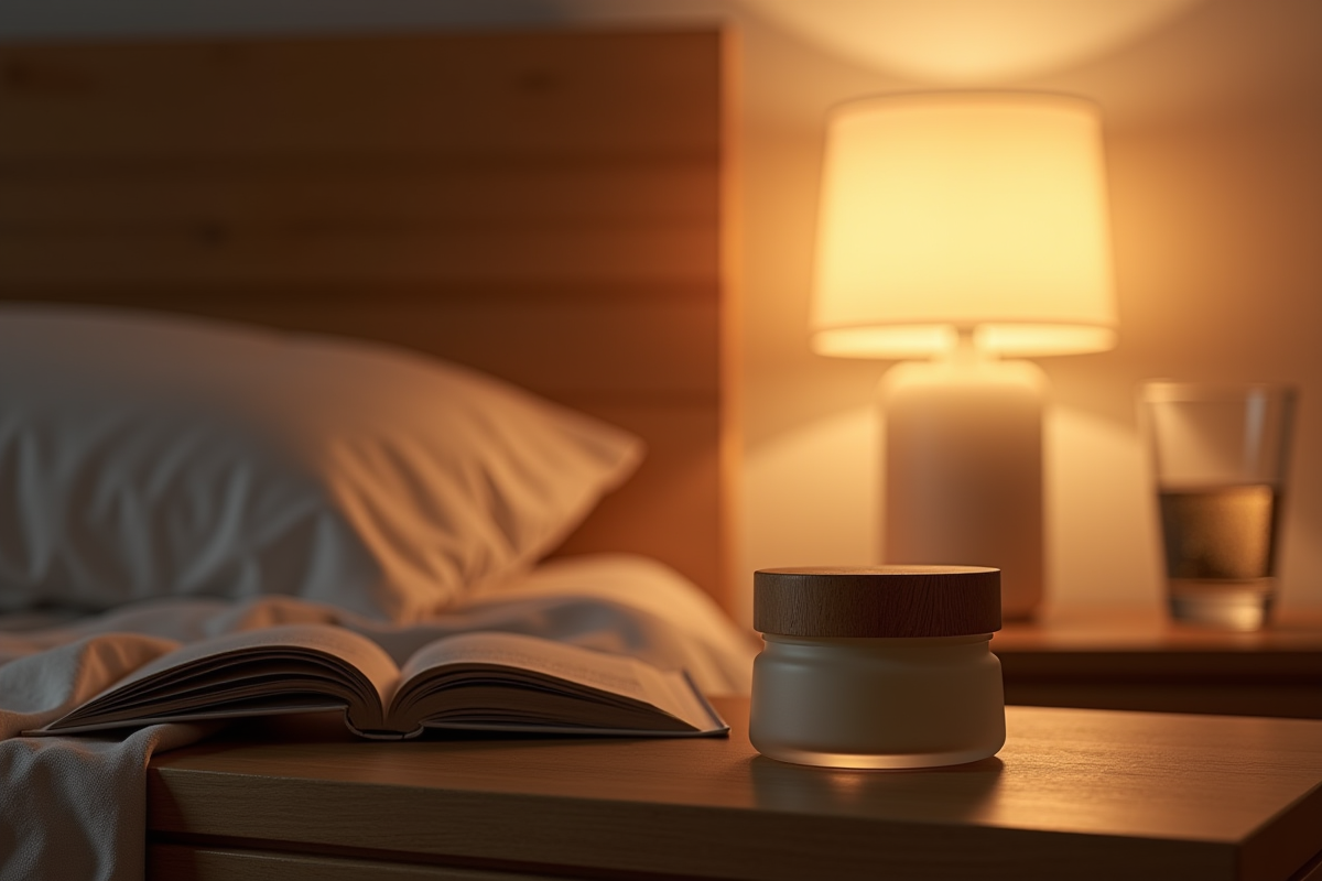 Pot de balm visage sur une table en bois dans une ambiance cosy