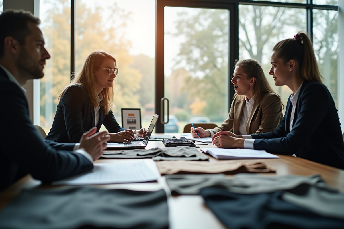 Réunion de gestionnaires de mode discutant logistique et tissus
