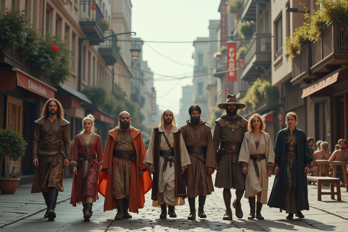 Une rue urbaine avec des personnes en styles variés anciens et modernes