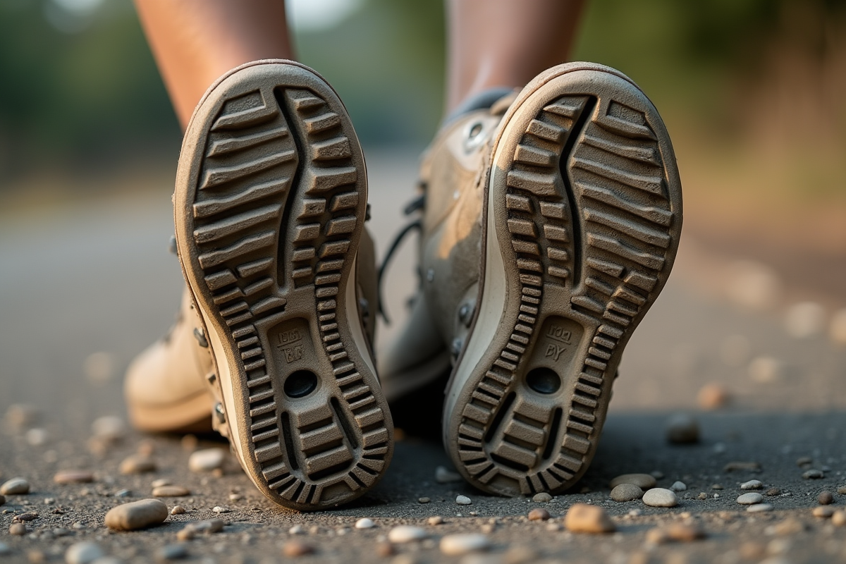Détails des semelles usées de baskets avec cailloux