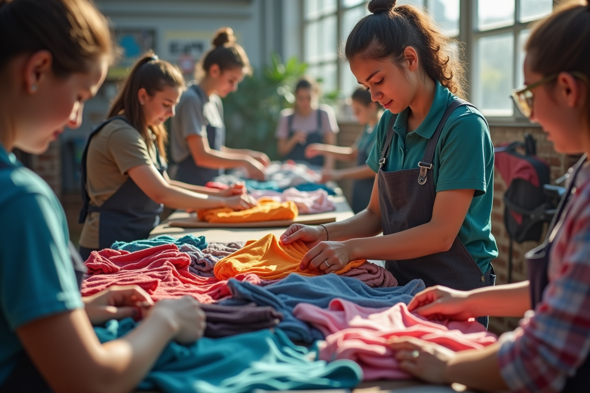 Volontaires triant et pliant des vêtements d