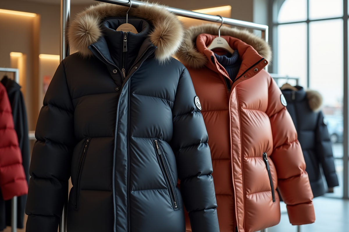 Deux manteaux Moncler sur un portant dans une boutique moderne